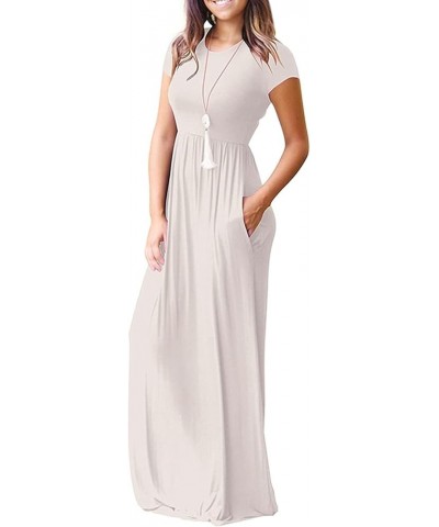 Summer Maxi Dress for Women 2022,Short Sleeve Long Dress Empire Waist Beach Sun Dress Tshirt Dress with Pockets White $6.59 D...