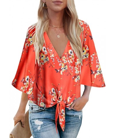 Womens Summer Tops Boho 3/4 Sleeve V Neck Tie Front Shirts Casual Floral Blouses Red $18.47 Blouses