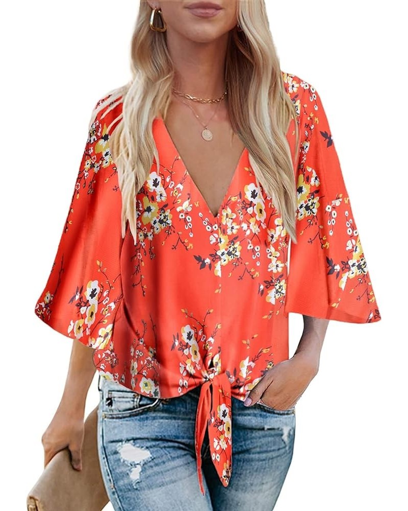 Womens Summer Tops Boho 3/4 Sleeve V Neck Tie Front Shirts Casual Floral Blouses Red $18.47 Blouses