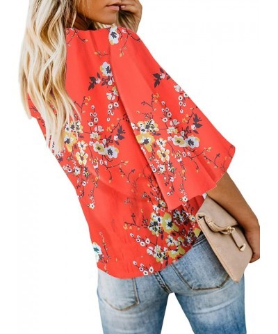 Womens Summer Tops Boho 3/4 Sleeve V Neck Tie Front Shirts Casual Floral Blouses Red $18.47 Blouses