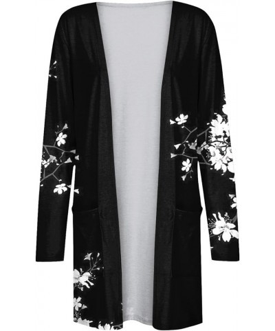 Duster Cardigans for Women, Vintage Floral Print Open Front Oversized Cardigan Soft Long Sleeve Jackets with Pocket 1-black $...