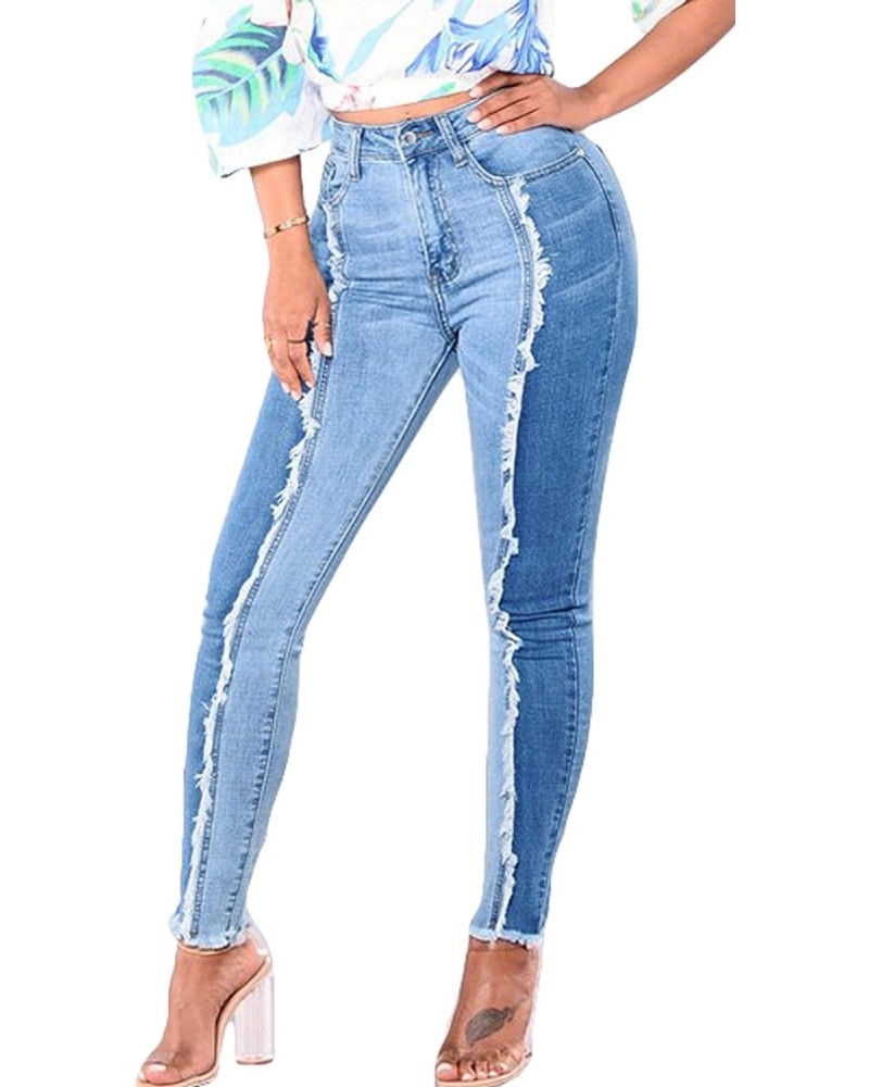 ebossy Women Fashion Stylish Stretch Butt-Lift Color Block Fringed Skinny Jean Pants (Small, Blue) $19.32 Jeans