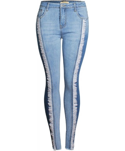 ebossy Women Fashion Stylish Stretch Butt-Lift Color Block Fringed Skinny Jean Pants (Small, Blue) $19.32 Jeans