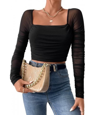 Women's Mesh Sheer Crop Tops Ruched Long Sleeve Square Neck Tee T Shirt Black $11.00 Tops