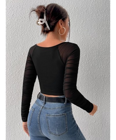 Women's Mesh Sheer Crop Tops Ruched Long Sleeve Square Neck Tee T Shirt Black $11.00 Tops