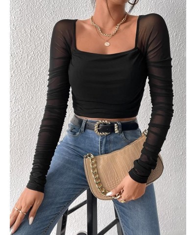 Women's Mesh Sheer Crop Tops Ruched Long Sleeve Square Neck Tee T Shirt Black $11.00 Tops