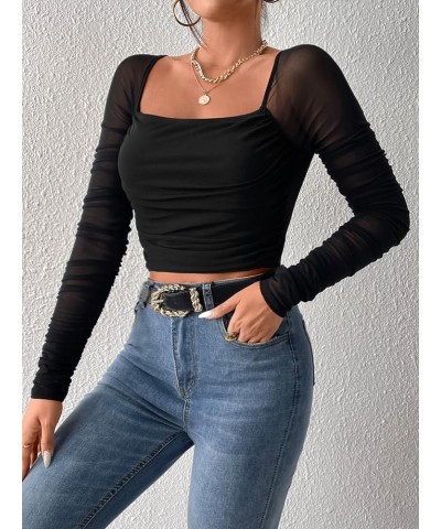 Women's Mesh Sheer Crop Tops Ruched Long Sleeve Square Neck Tee T Shirt Black $11.00 Tops