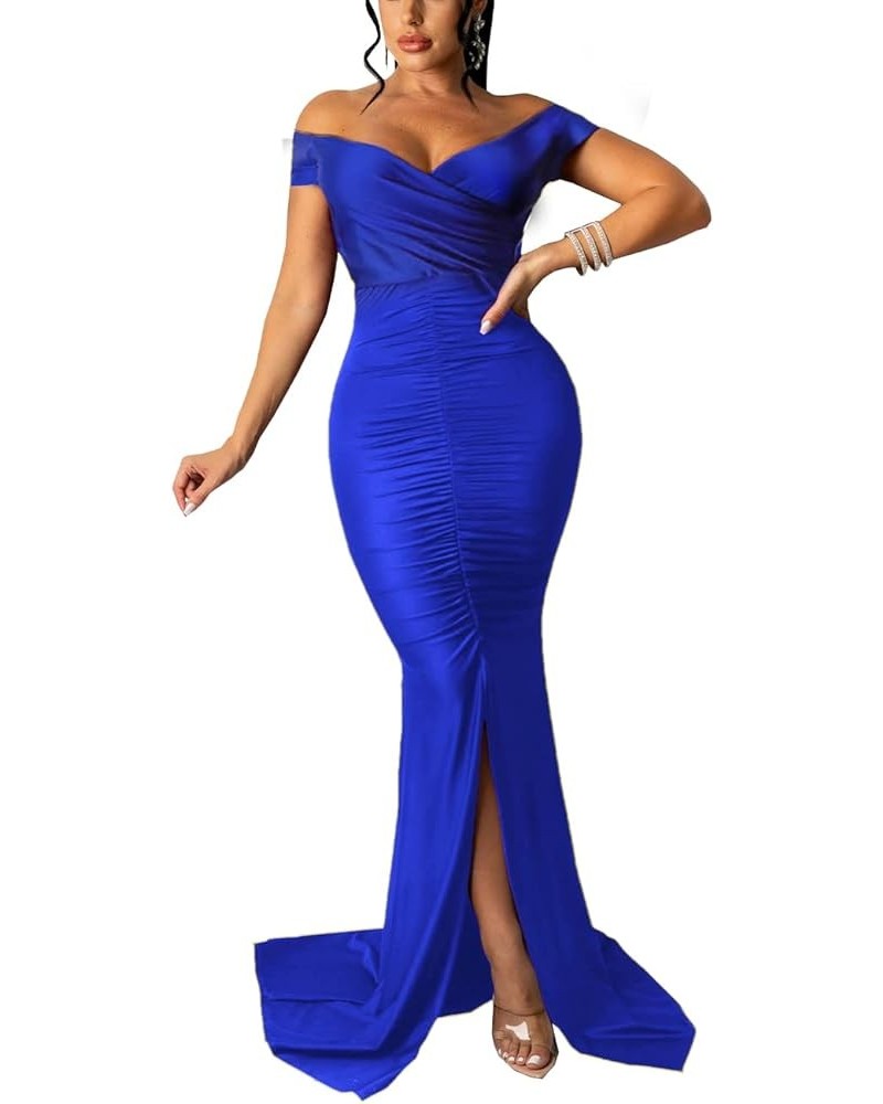 Women's Sexy Off Shoulder Dress V Neck High Split Long Formal Party Maxi Floor Dresses Evening Gown 6royal Blue $18.06 Dresses