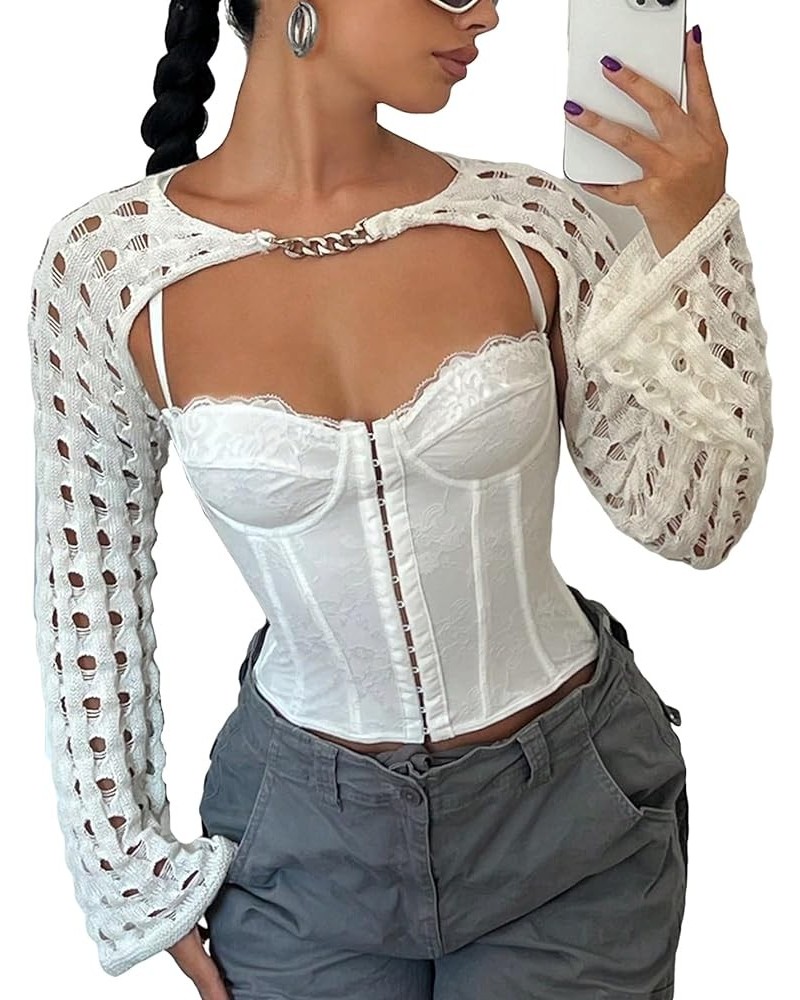 Women's Hollow Out Knit Super Crop Top Long Sleeve Shrug Sweater Beige $15.11 Sweaters