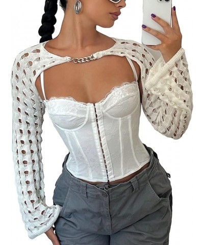 Women's Hollow Out Knit Super Crop Top Long Sleeve Shrug Sweater Beige $15.11 Sweaters