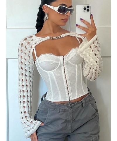 Women's Hollow Out Knit Super Crop Top Long Sleeve Shrug Sweater Beige $15.11 Sweaters