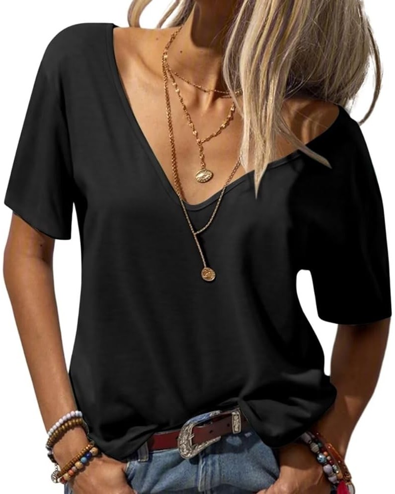 Womens Deep V Neck T Shirts Casual Short Sleeve Loose Fit Basic Fashion Tee Tops Black $14.24 T-Shirts