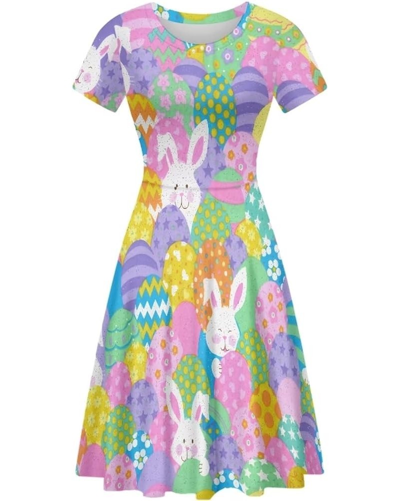 Women Puffy Swing Elegant Party Midi Dresses Short Sleeve Round Neck A-Line Dress Easter Colorful Eggs Bunny $14.95 Dresses