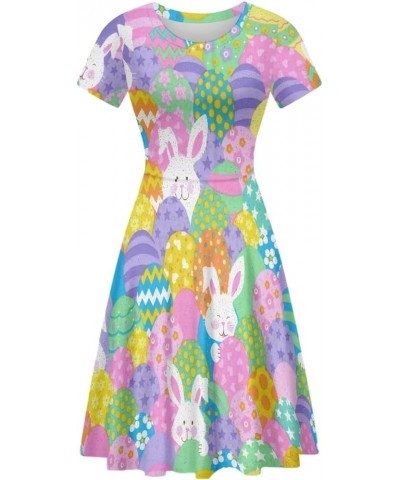 Women Puffy Swing Elegant Party Midi Dresses Short Sleeve Round Neck A-Line Dress Easter Colorful Eggs Bunny $14.95 Dresses