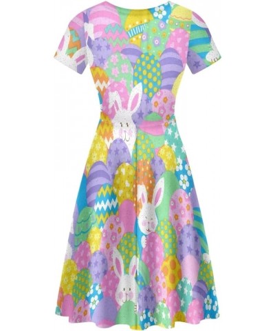 Women Puffy Swing Elegant Party Midi Dresses Short Sleeve Round Neck A-Line Dress Easter Colorful Eggs Bunny $14.95 Dresses