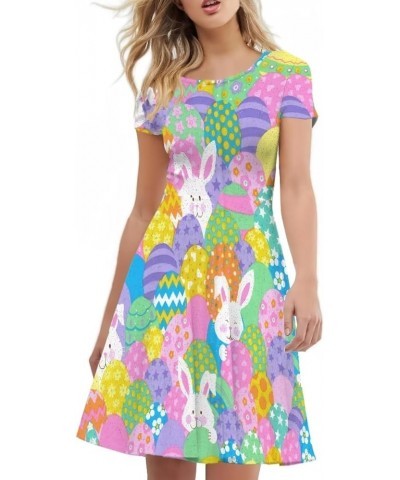 Women Puffy Swing Elegant Party Midi Dresses Short Sleeve Round Neck A-Line Dress Easter Colorful Eggs Bunny $14.95 Dresses