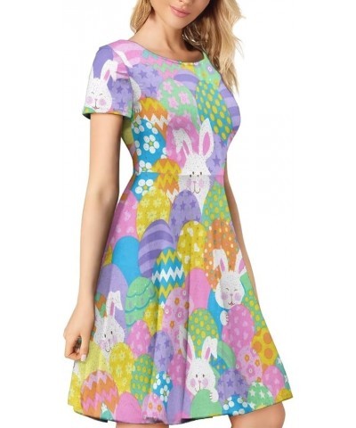 Women Puffy Swing Elegant Party Midi Dresses Short Sleeve Round Neck A-Line Dress Easter Colorful Eggs Bunny $14.95 Dresses