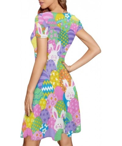 Women Puffy Swing Elegant Party Midi Dresses Short Sleeve Round Neck A-Line Dress Easter Colorful Eggs Bunny $14.95 Dresses