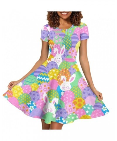 Women Puffy Swing Elegant Party Midi Dresses Short Sleeve Round Neck A-Line Dress Easter Colorful Eggs Bunny $14.95 Dresses