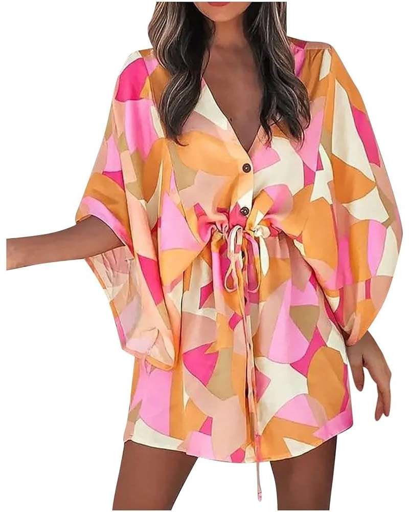 Summer Dresses for Women 2024 Fashion Boho Floral Printed Beach Dress Flowy Ruffle 3/4 Sleeve Button Down Kimono Mini Dress B...