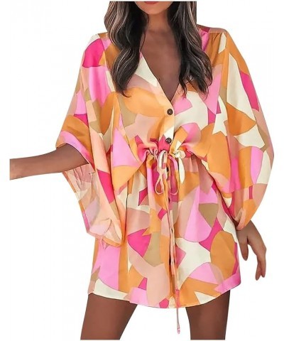 Summer Dresses for Women 2024 Fashion Boho Floral Printed Beach Dress Flowy Ruffle 3/4 Sleeve Button Down Kimono Mini Dress B...