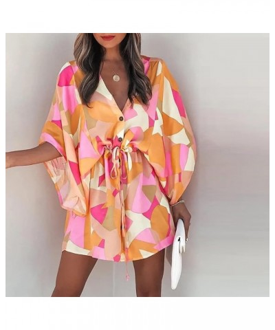 Summer Dresses for Women 2024 Fashion Boho Floral Printed Beach Dress Flowy Ruffle 3/4 Sleeve Button Down Kimono Mini Dress B...