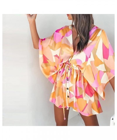 Summer Dresses for Women 2024 Fashion Boho Floral Printed Beach Dress Flowy Ruffle 3/4 Sleeve Button Down Kimono Mini Dress B...