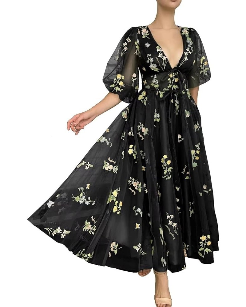 Women's Short Puff Sleeve Prom Dress Flower Embroidery Floral Tulle Formal Evening Party Gowns Black-d $26.65 Dresses