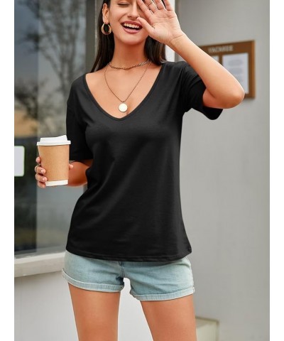 Womens Deep V Neck T Shirts Casual Short Sleeve Loose Fit Basic Fashion Tee Tops Black $14.24 T-Shirts