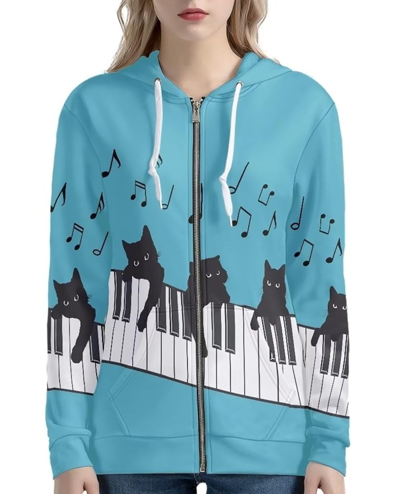 Yuuxorilu Womens Zip Up Hoodies Long Sleeve Fall Oversized Sweatshirts Y2K Jacket with Pockets Blue Musical Note Cat $19.88 H...