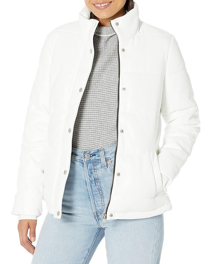 Women's Junior Pleather High Collar Puffer Jacket White $16.75 Jackets