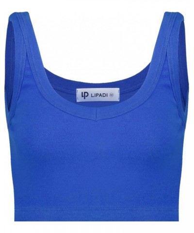 Women's Slim Fit V-Neck Cropped Tank Tops Sleeveless Spandex Knit 08-blue $8.47 Tanks