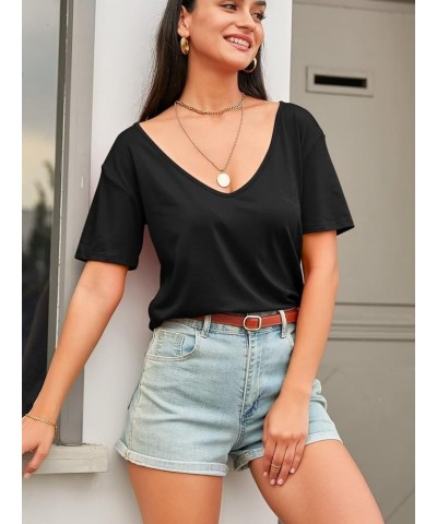 Womens Deep V Neck T Shirts Casual Short Sleeve Loose Fit Basic Fashion Tee Tops Black $14.24 T-Shirts