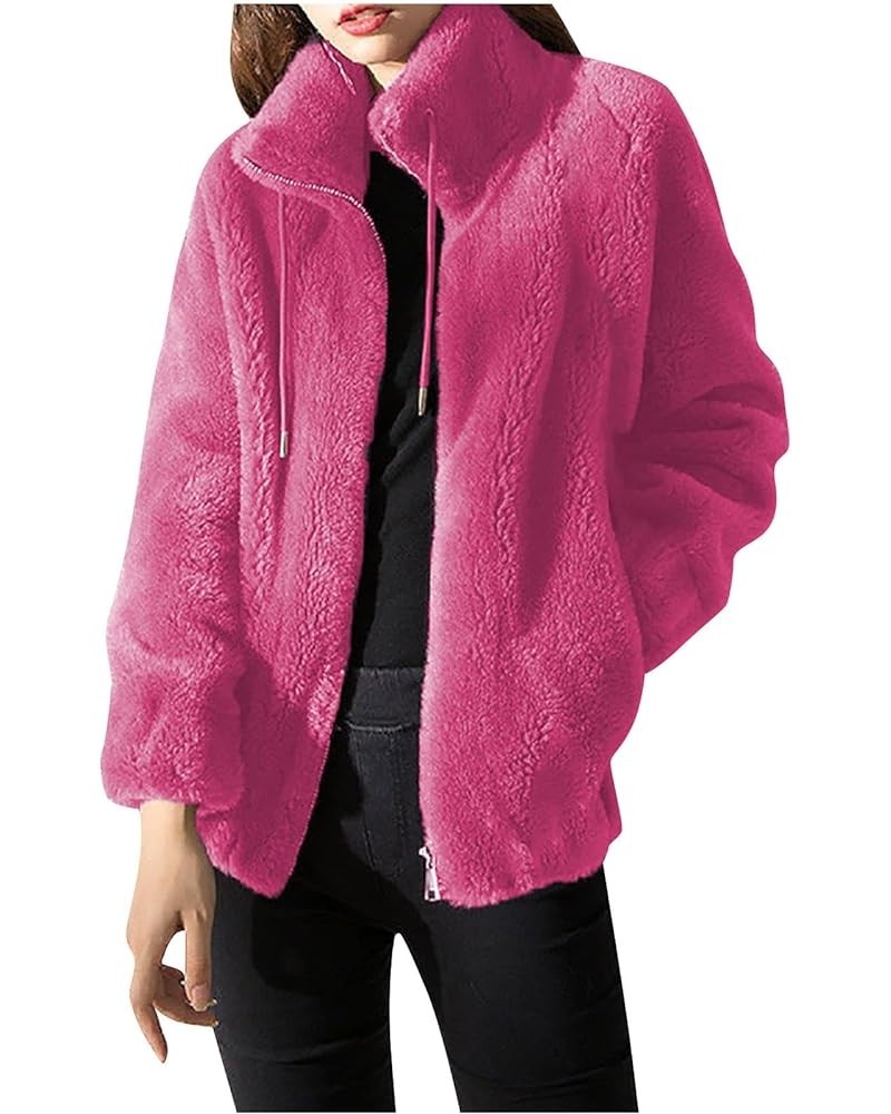 Womens Furry Cardigan Lapel Coats Warm Fleece Short Jackets Zipper Drawstraing Casual 2023 Fall Winter Coat 04 Hot Pink $9.58...