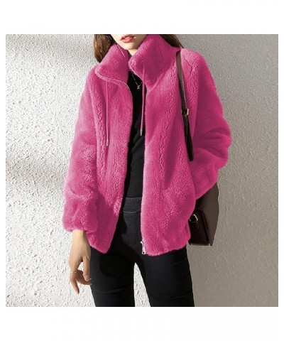 Womens Furry Cardigan Lapel Coats Warm Fleece Short Jackets Zipper Drawstraing Casual 2023 Fall Winter Coat 04 Hot Pink $9.58...