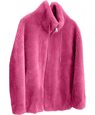 Womens Furry Cardigan Lapel Coats Warm Fleece Short Jackets Zipper Drawstraing Casual 2023 Fall Winter Coat 04 Hot Pink $9.58...