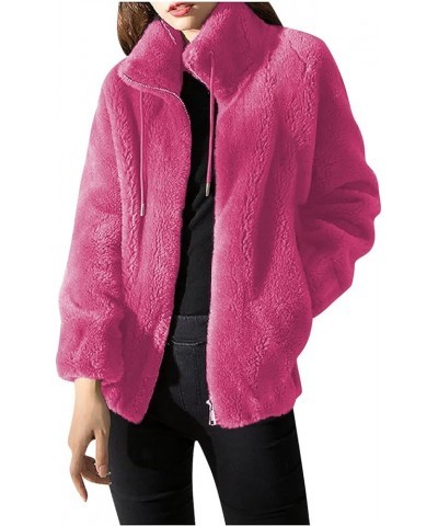 Womens Furry Cardigan Lapel Coats Warm Fleece Short Jackets Zipper Drawstraing Casual 2023 Fall Winter Coat 04 Hot Pink $9.58...