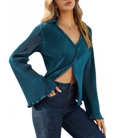 Women V Neck Blouse Long Bell Sleeve Shirts Collared Button Down Y2k Crop Tops Casual Tunic Top Blue-green $12.50 Tops