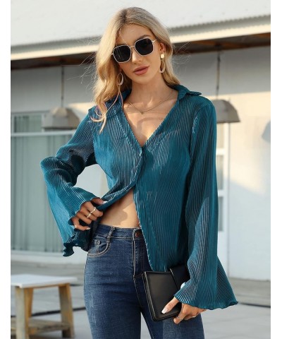 Women V Neck Blouse Long Bell Sleeve Shirts Collared Button Down Y2k Crop Tops Casual Tunic Top Blue-green $12.50 Tops