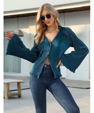 Women V Neck Blouse Long Bell Sleeve Shirts Collared Button Down Y2k Crop Tops Casual Tunic Top Blue-green $12.50 Tops