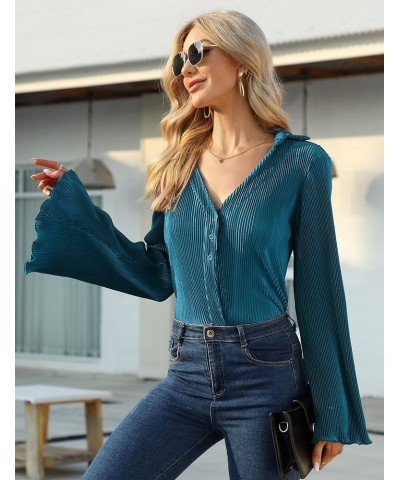 Women V Neck Blouse Long Bell Sleeve Shirts Collared Button Down Y2k Crop Tops Casual Tunic Top Blue-green $12.50 Tops