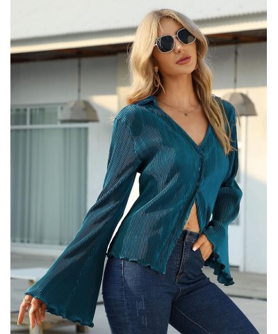 Women V Neck Blouse Long Bell Sleeve Shirts Collared Button Down Y2k Crop Tops Casual Tunic Top Blue-green $12.50 Tops