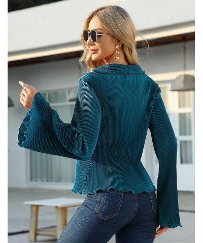 Women V Neck Blouse Long Bell Sleeve Shirts Collared Button Down Y2k Crop Tops Casual Tunic Top Blue-green $12.50 Tops