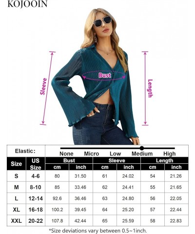 Women V Neck Blouse Long Bell Sleeve Shirts Collared Button Down Y2k Crop Tops Casual Tunic Top Blue-green $12.50 Tops