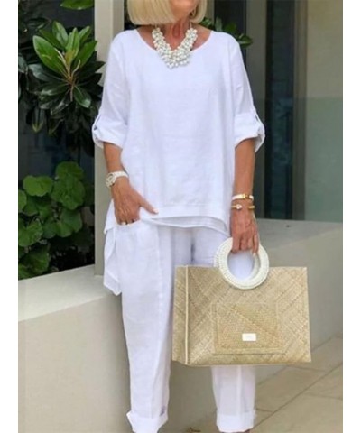 Women Linen Two Piece Pants Suit Cotton Linen Long Sleeve Shirts and Wide Leg Trousers Casual Loose 2 Piece Outfits White $14...