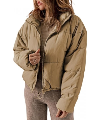 Womens Winter Quilted Jackets Long Sleeve Full Zip Puffer Jacket Coats with Pockets Khaki $21.93 Jackets