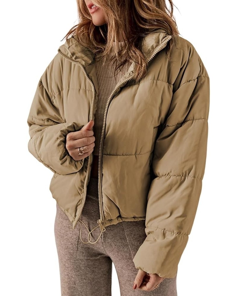 Womens Winter Quilted Jackets Long Sleeve Full Zip Puffer Jacket Coats with Pockets Khaki $21.93 Jackets