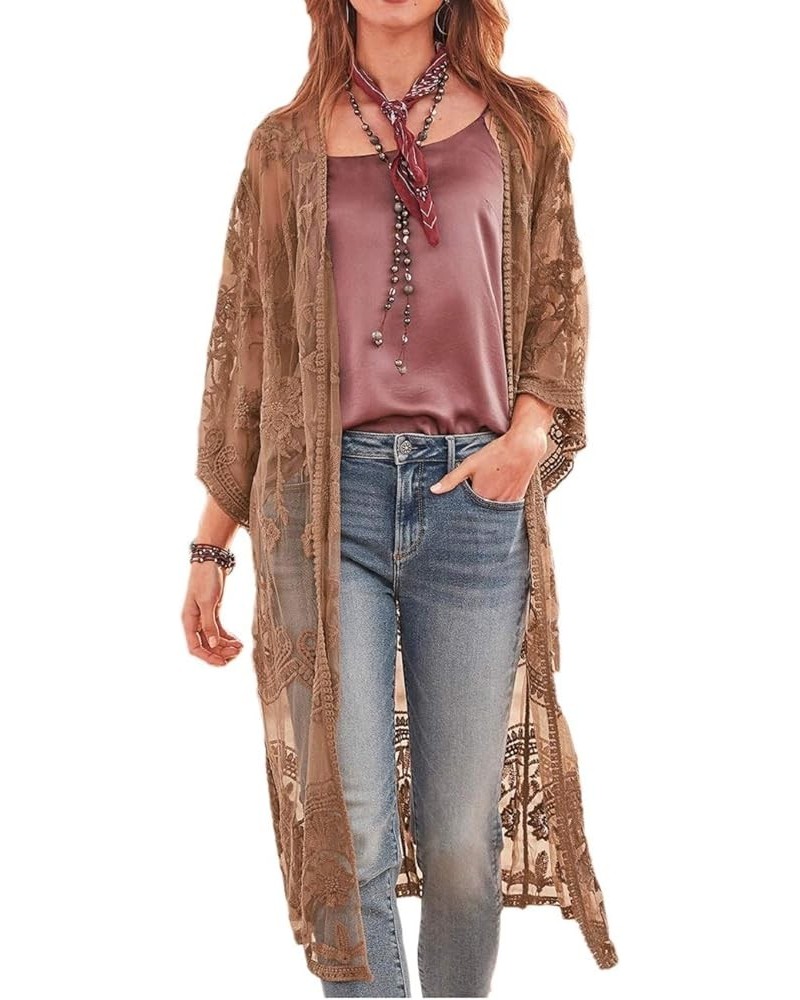 Women Mesh Lace Beach Kimono Cardigan A-brown $19.71 Swimsuits