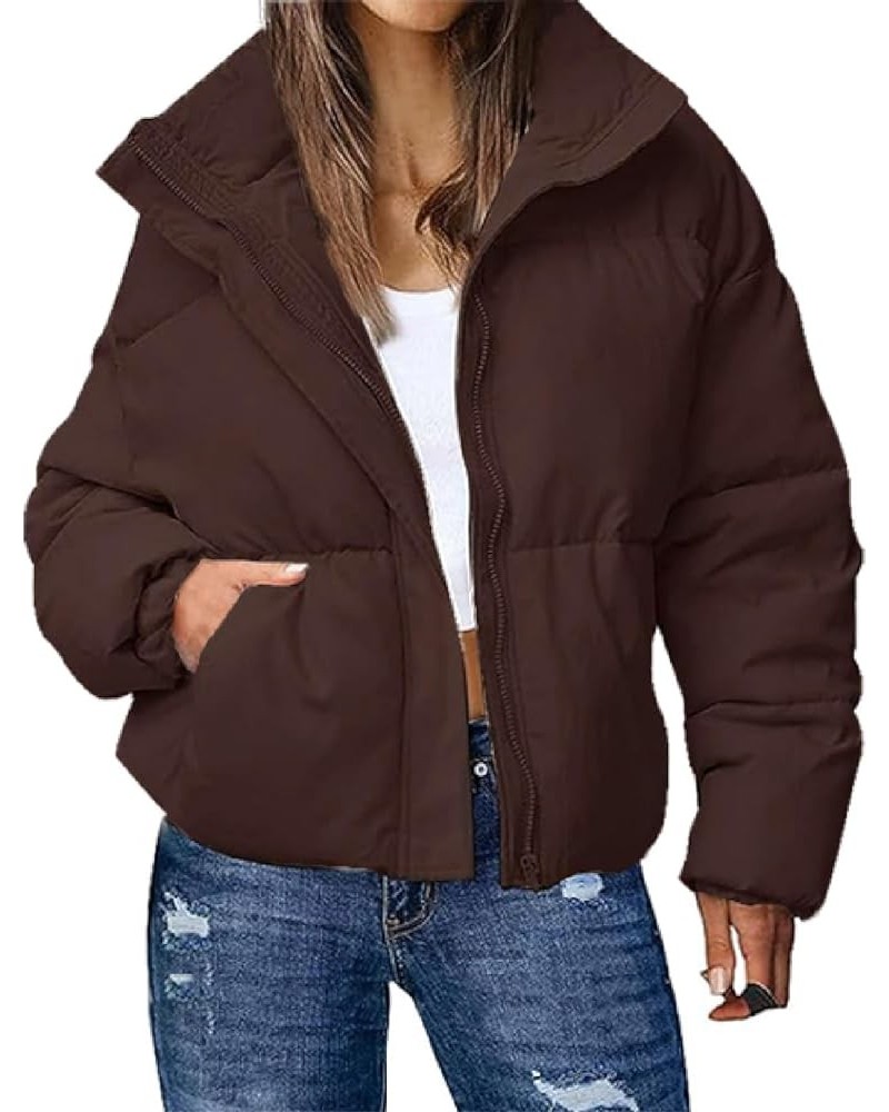 Womens Padded Puffer Jacket Winter Warm Full Zip Long Sleeve Quilted Casual Outerwear Coat with Pocket Brown $29.11 Jackets