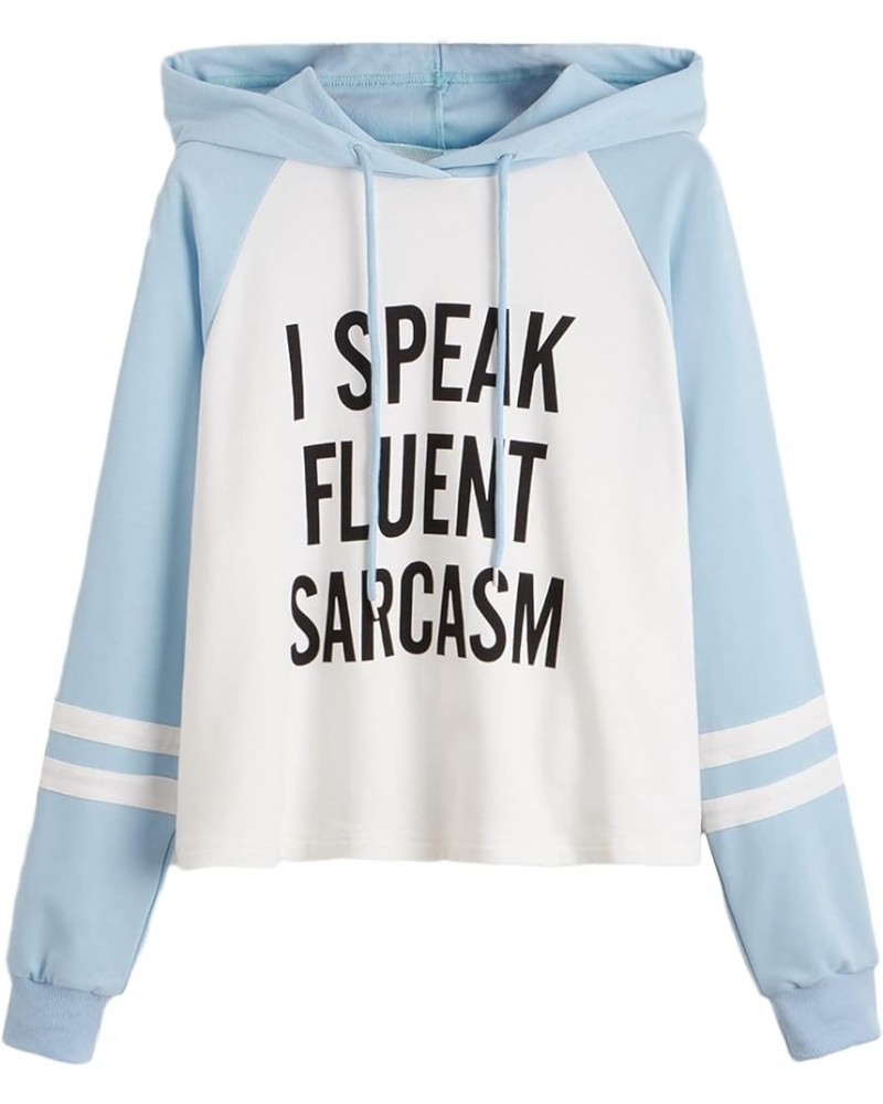 Women's Long Sleeve Hooded Letter Print Pullover Sweatshirt Light Blue $20.64 Hoodies & Sweatshirts